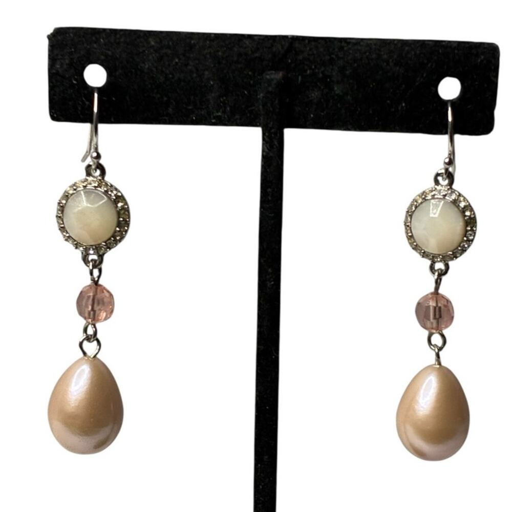 Carolee Mother of Pearl Accents Dangle Earrings Pink Bead Silver Tone